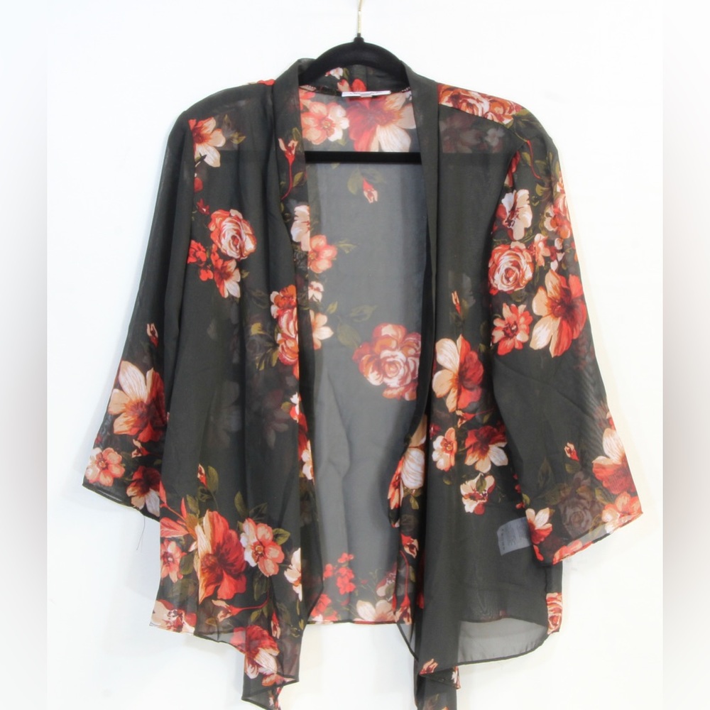 Serengeti Black Sheer Floral Open Front Cardigan Top Size Medium